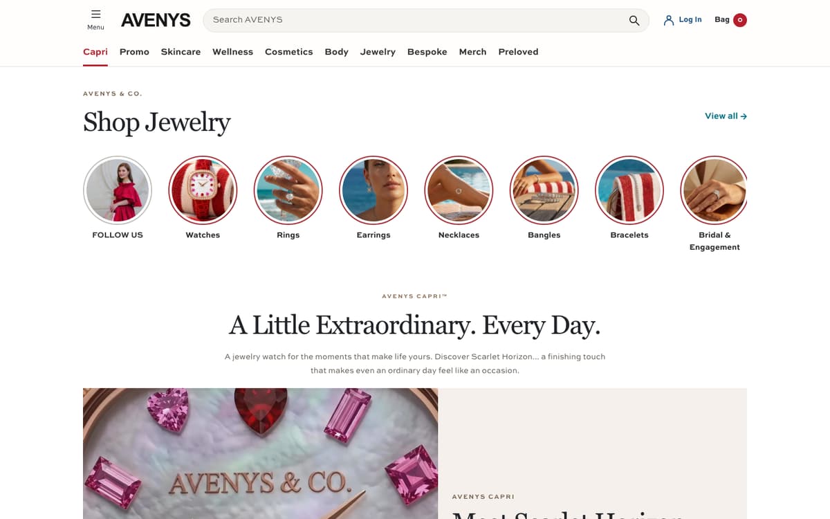 Avenys online store homepage
